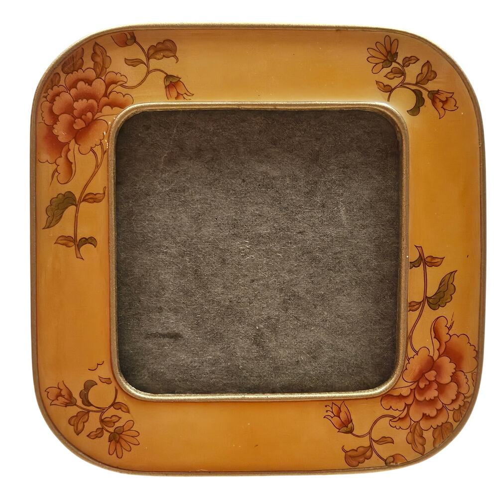 VTG Heavy BUCKLER'S FIFTH AVE NY Enamel 5x5 Photo Frame Yellow Floral Lacquered